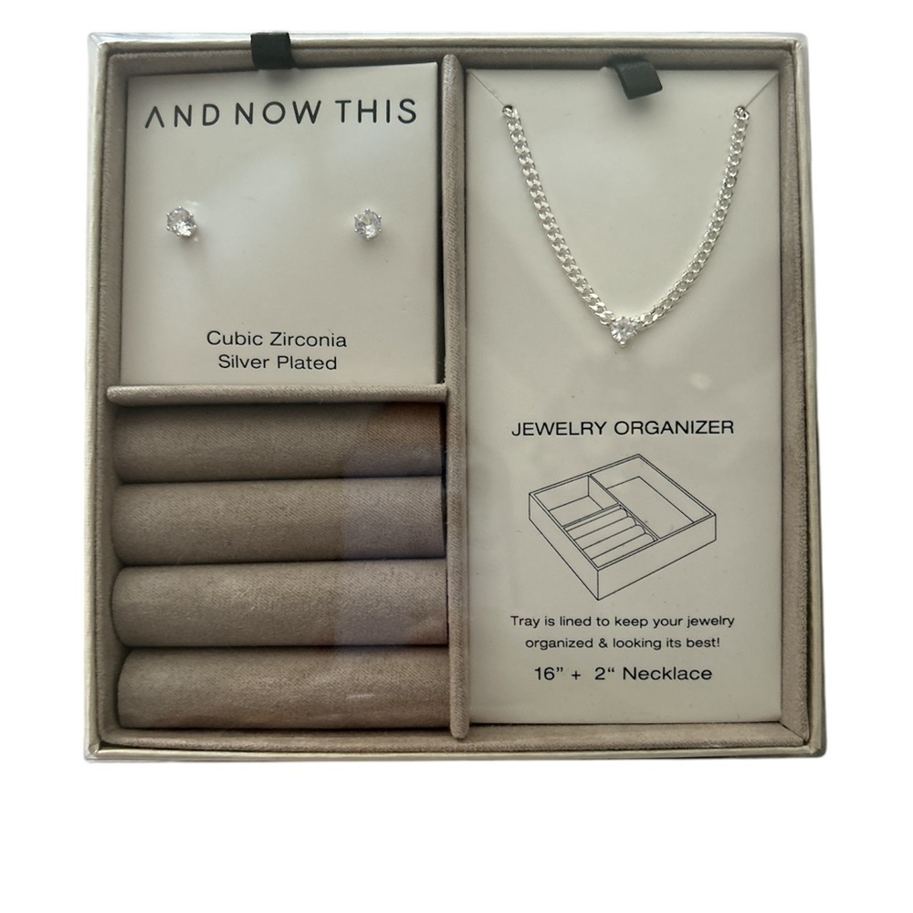 AND NOW THIS Cubic Zirconia Stud Earring and Necklace with Jewelry Box Set